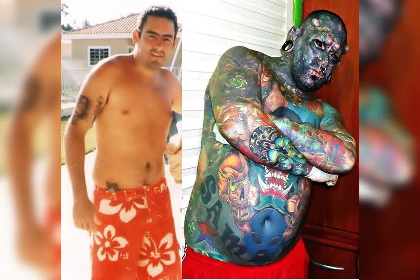 "Caveira": homem com tatuagens em 99% do corpo mutila nariz