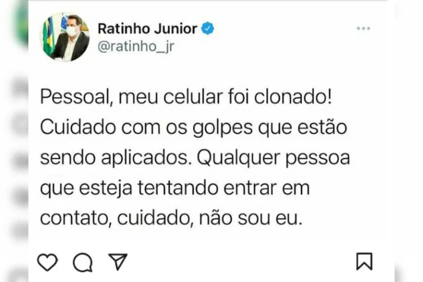 Governador Ratinho Júnior tem celular clonado e faz alerta