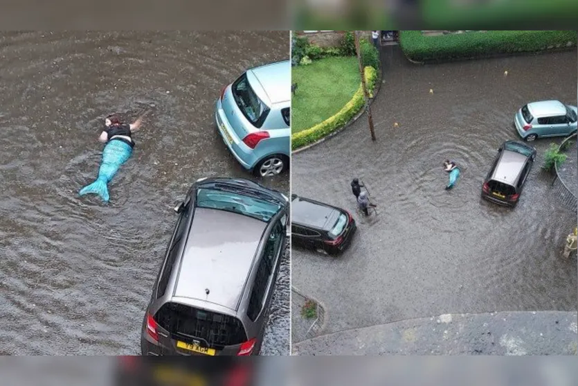 Mulher se veste de sereia e tenta nadar em enchente