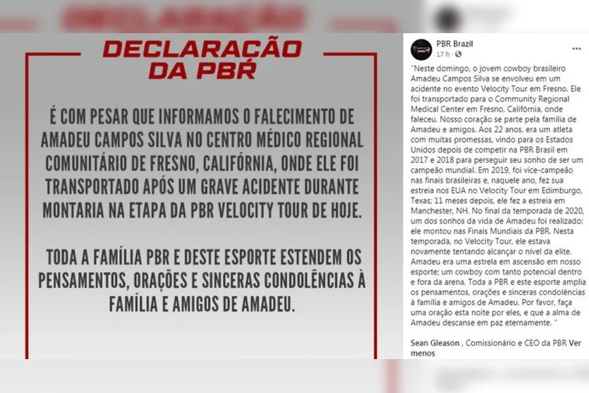 Peão brasileiro morre aos 22 anos durante competição nos EUA