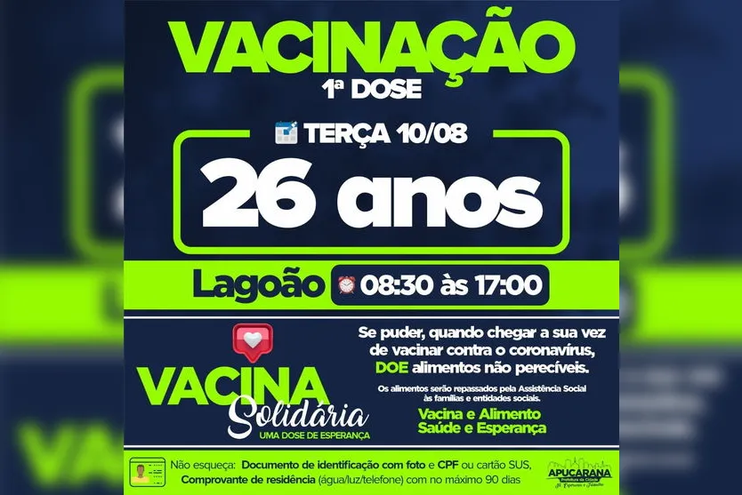 Pessoas com 26 e 25 anos serão vacinadas em Apucarana