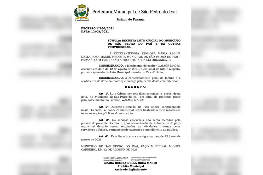São Pedro do Ivaí decreta luto oficial de 7 dias