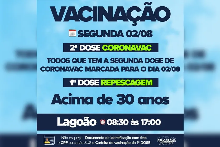 Vacinação contra Covid em Apucarana segue na segunda-feira