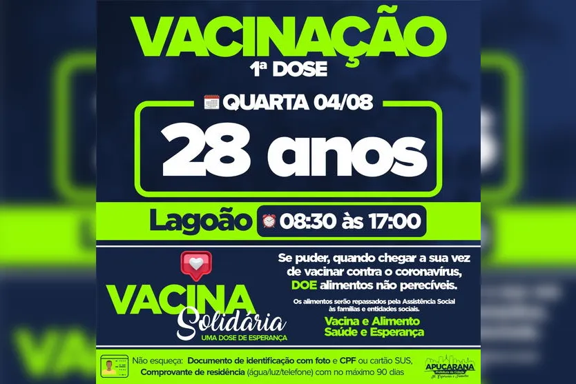 Vacinação contra a covid-19 segue em Apucarana nesta terça