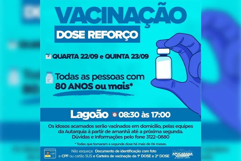 Apucarana anuncia dose de reforço para idosos de 80 anos