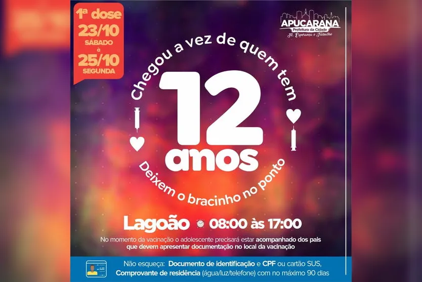 Apucarana anuncia vacinação para adolescentes de 12 anos