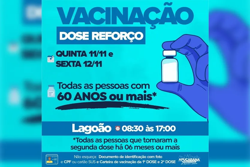 Apucarana vacina 2ª dose e de reforço nesta quinta e sexta