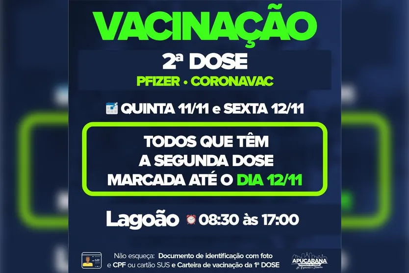 Apucarana vacina 2ª dose e de reforço nesta quinta e sexta