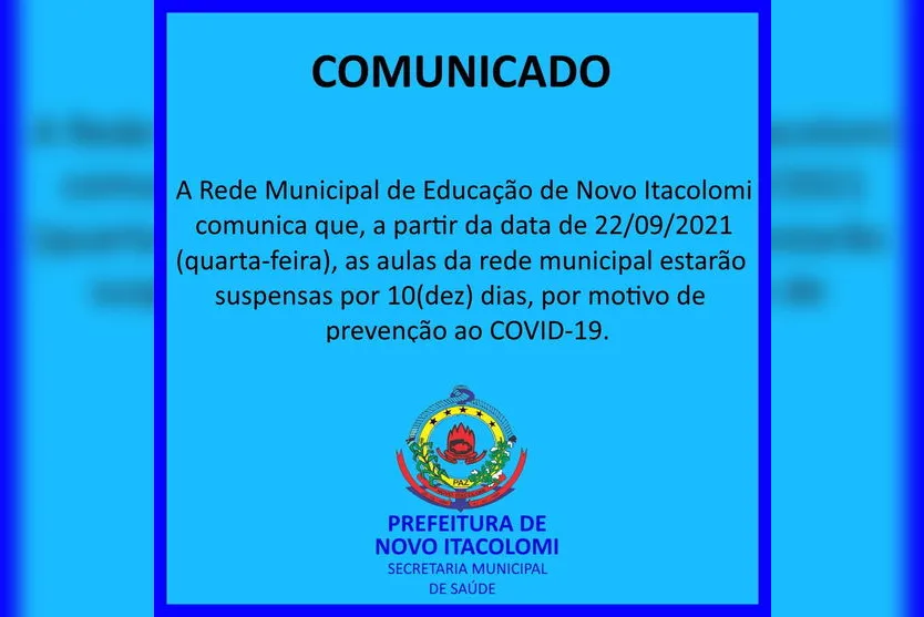 Aulas são suspensas em Novo Itacolomi após casos de Covid