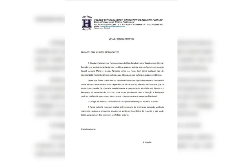 Colégio apura caso de assédio em Apucarana; entenda