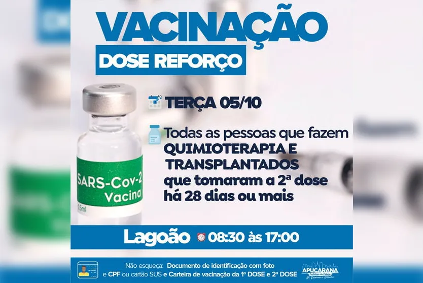 Imunização: Apucarana vacina três grupos nesta terça-feira