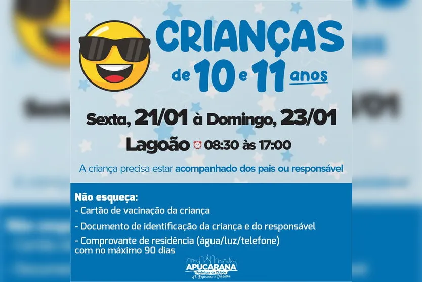 Apucarana vacina crianças de 10 e 11 anos nesta sexta (21)