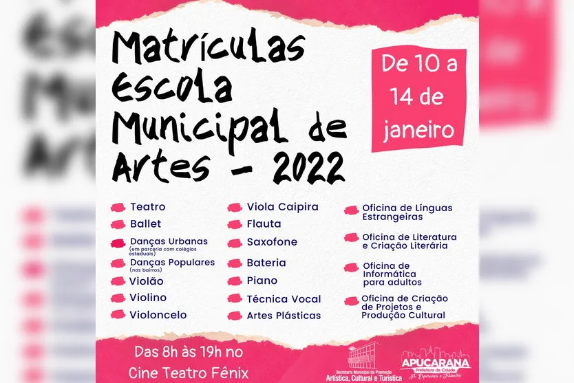 Escola Municipal de Artes inscreve para cursos gratuitos