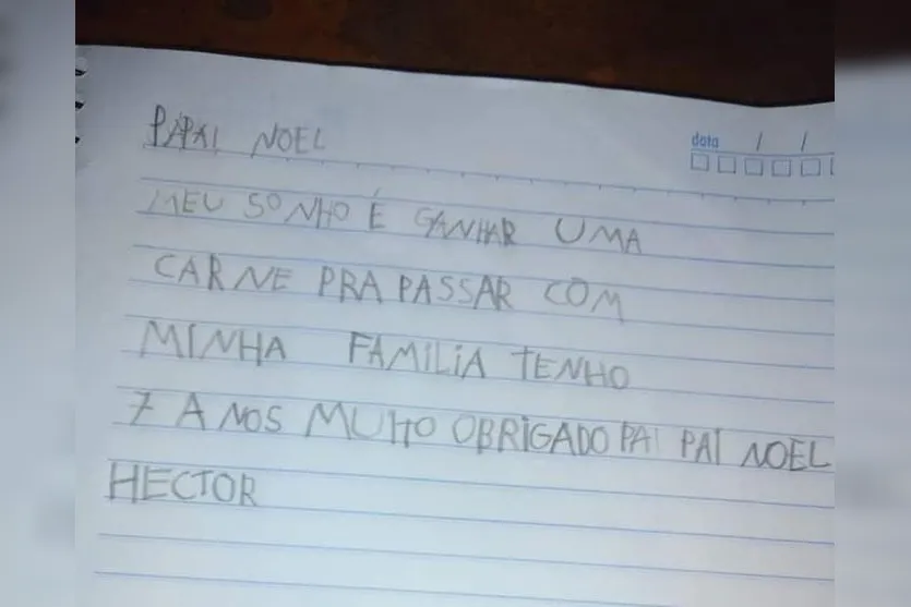 Menino de 7 anos pede carne em cartinha para Papai Noel