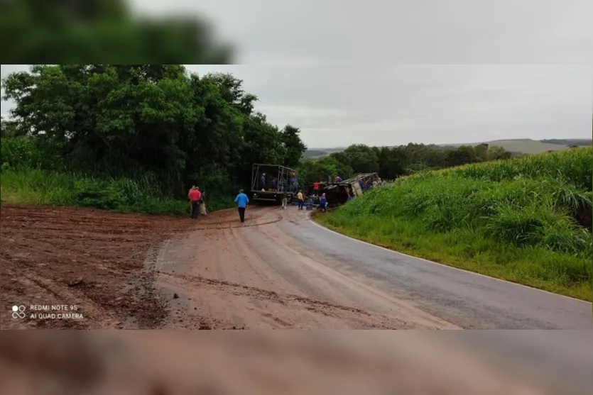Caminhão carregado com frango tomba entre Rio Bom e Marilândia do Sul