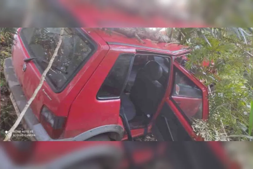 Carro fica destruído em acidente na PR-487, em Manoel Ribas