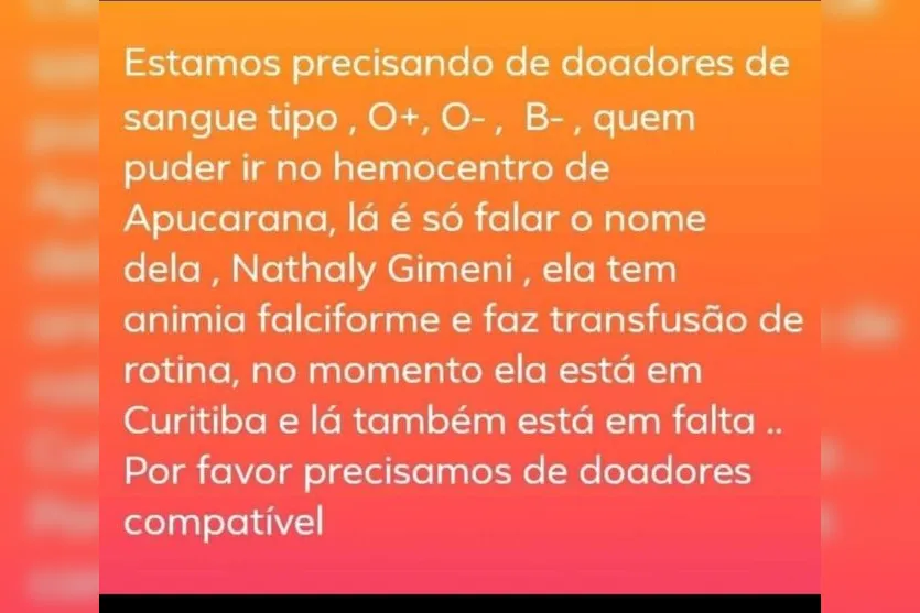 Menina de 12 anos precisa de doações de sangue em Apucarana