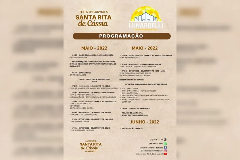 Após dois anos, festa de Santa Rita de Cássia será realizada
