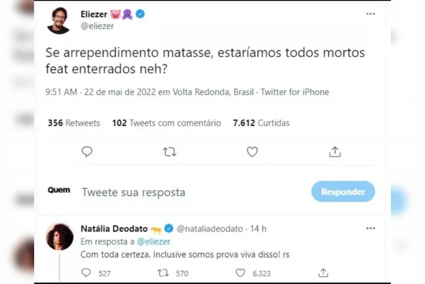 Ex-BBB Eliezer joga indireta e Natália Deodato responde