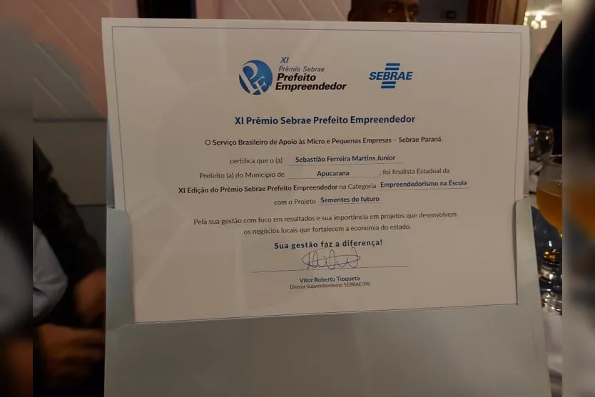 Apucarana conquista o Prêmio Sebrae “Prefeito Empreendedor”