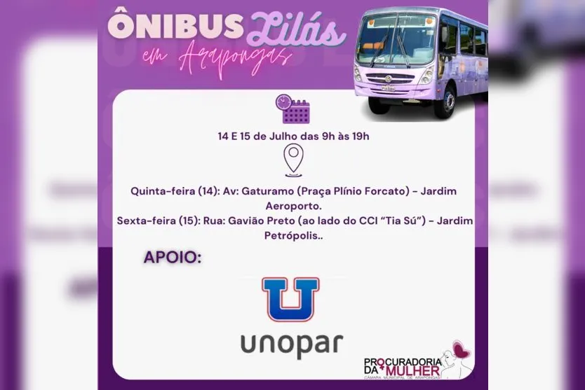Ônibus Lilás atende mulheres em Arapongas; confira os dias