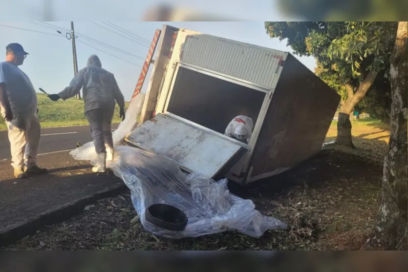  Caminhão carregado com 4 mil quilos de carne bovina tombou durante a madrugada 