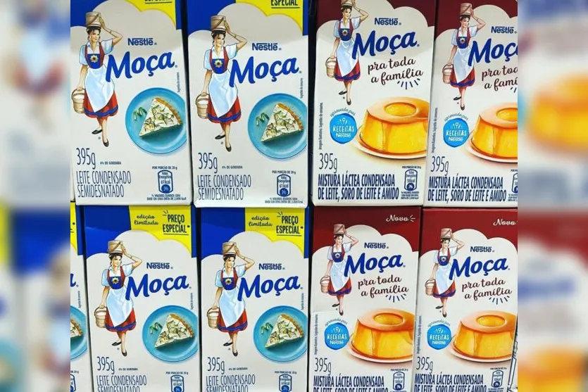  Mistura láctea é exposta bem ao lado do leite condensado tradicional nas prateleiras dos supermercados 