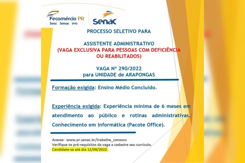 Senac Arapongas ainda tem vagas de emprego; confira