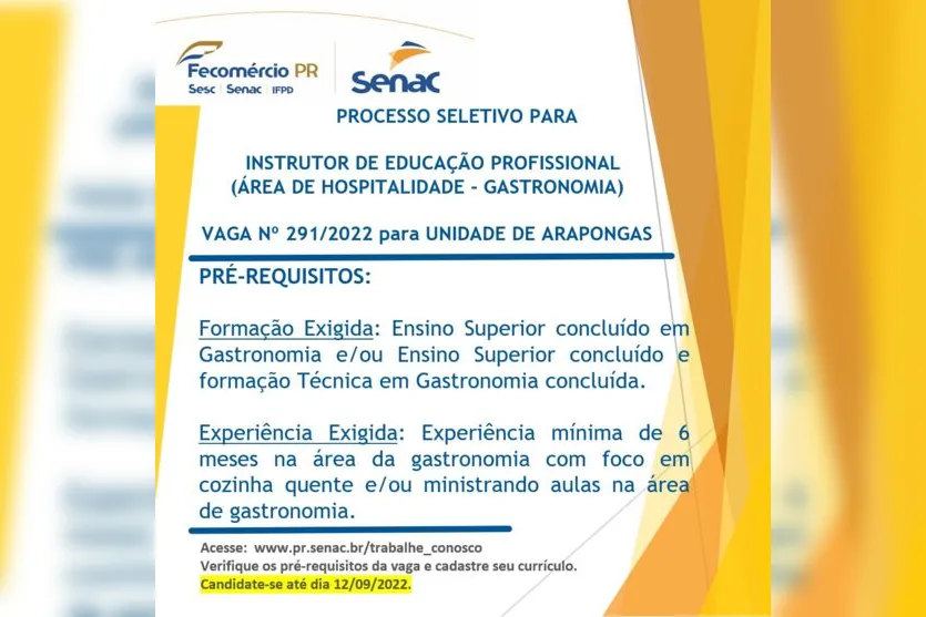 Senac Arapongas ainda tem vagas de emprego; confira