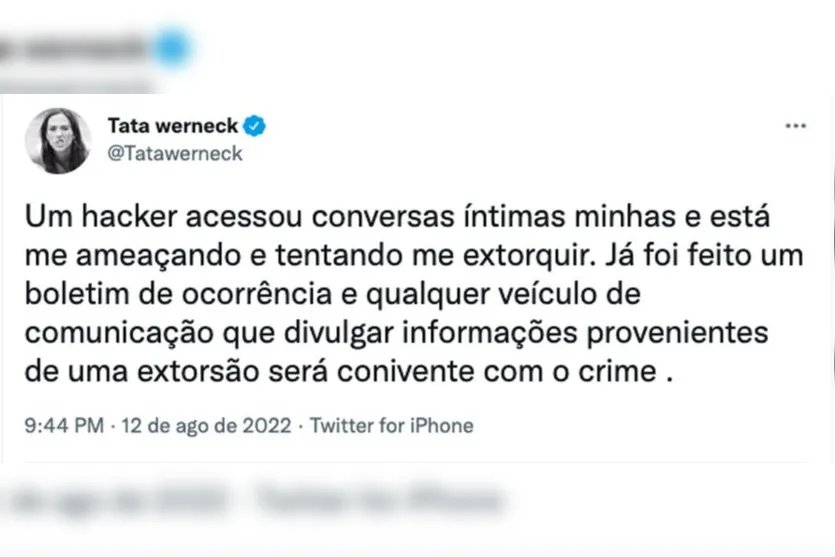 Tatá Werneck revela tentativa de extorsão após ter conversas hackeadas