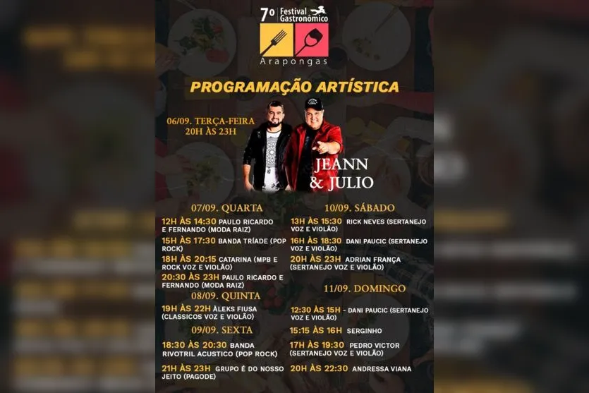 Jeann e Julio abrem Festival Gastronômico de Arapongas nesta terça