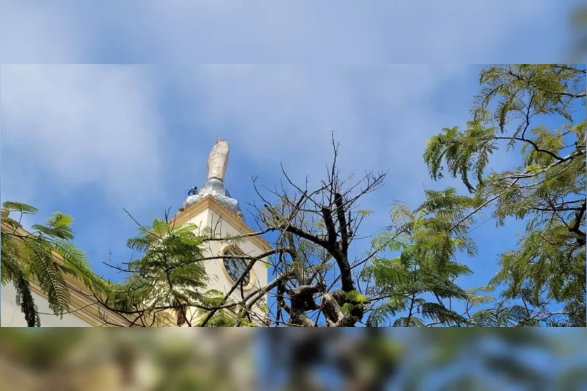  Operários que estão fazendo a revitalização da igreja estão trabalhando no ponto mais elevado da igreja matriz, a imagem da santa, que está há 50 metros de altura. 