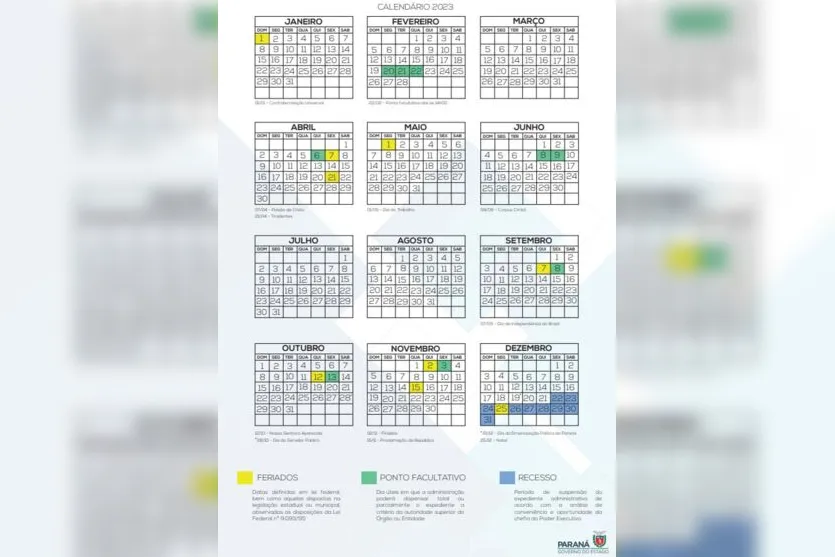 Paraná divulga calendário de feriados e pontos facultativos