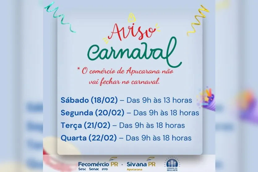 Comércio de Apucarana abre durante o Carnaval; confira os horários