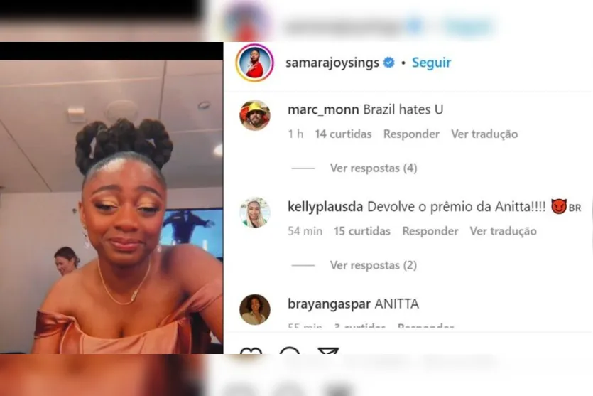  Samara Joy ganhou pela categoria Revelação, a mesma pela qual Anitta concorria, e isso causou revolta nos fãs da cantora brasileira 