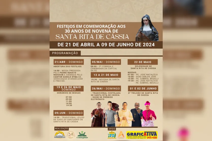 Tradição: Santuário Santa Rita de Cássia divulga programação da festa
