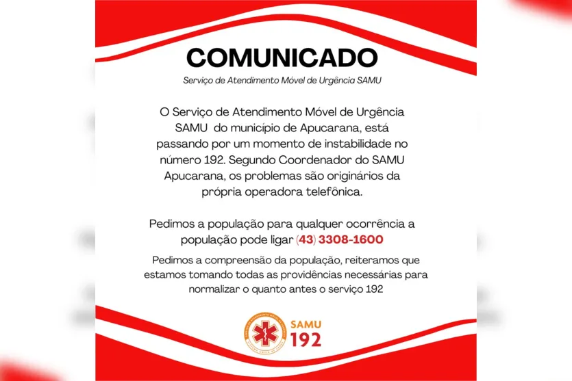 Samu comunica instabilidade com telefone 192 em Apucarana