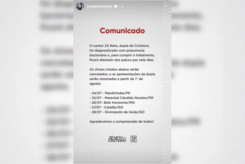 Zé Neto fica doente e shows são cancelados; saiba o que aconteceu