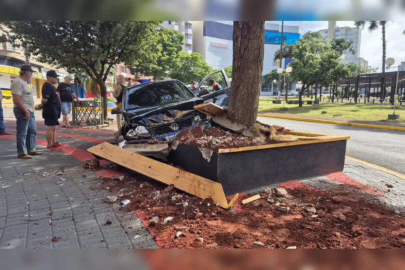 Polo bate em árvore no centro de Apucarana e motorista abandona carro