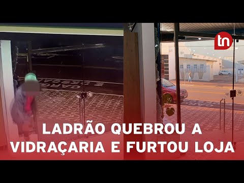 Vídeo mostra ladrão quebrando vidraçaria e furtando loja em Apucarana
