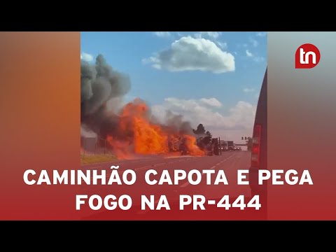 Caminhão capota e pega fogo na PR-444 em Arapongas