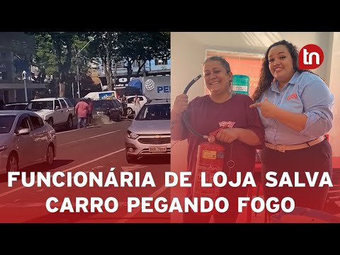 Funcionária de loja pega extintor e apaga incêndio em veículo