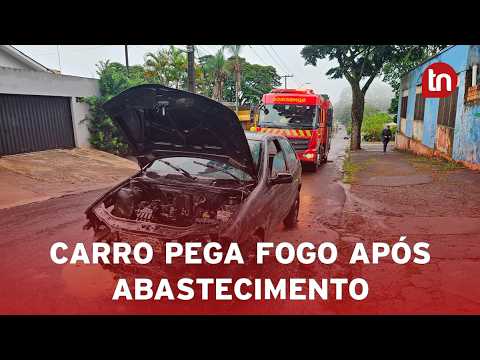 Carro pega fogo após abastecimento e assusta mãe e filho em Apucarana