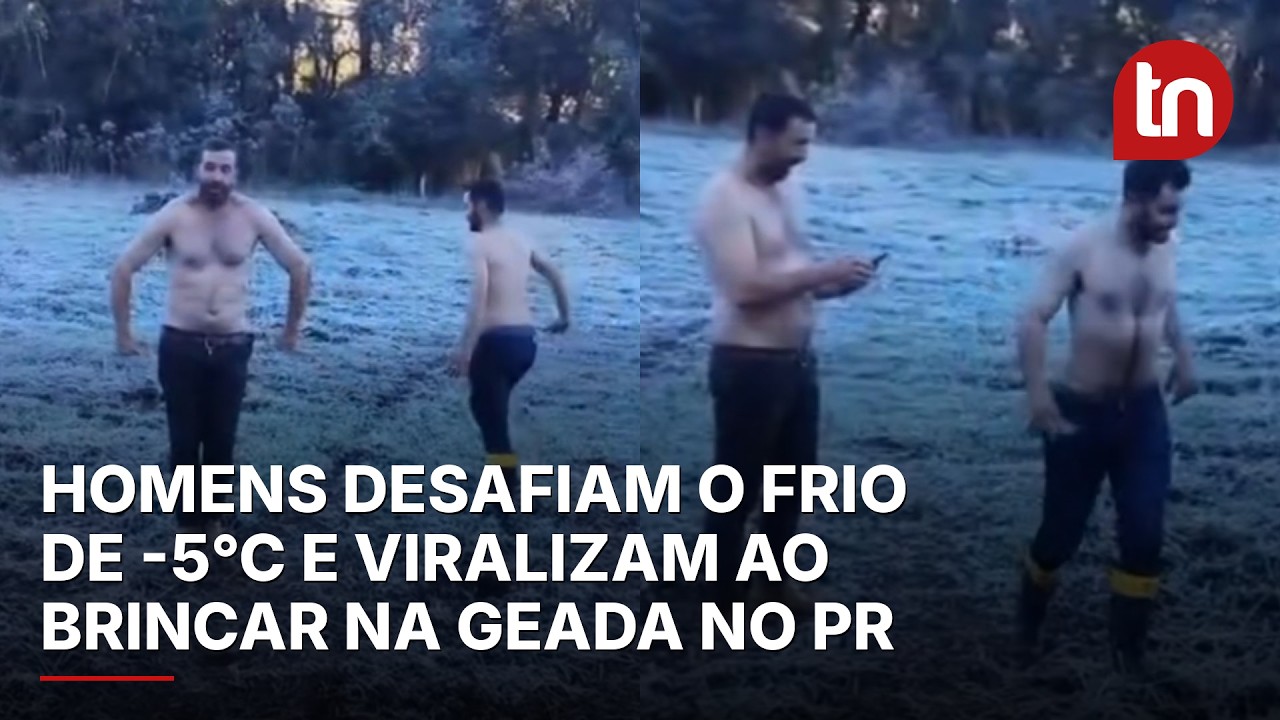 Com termômetros em -5°C, primos brincam e encaram frio extremo sem camisa no PR
