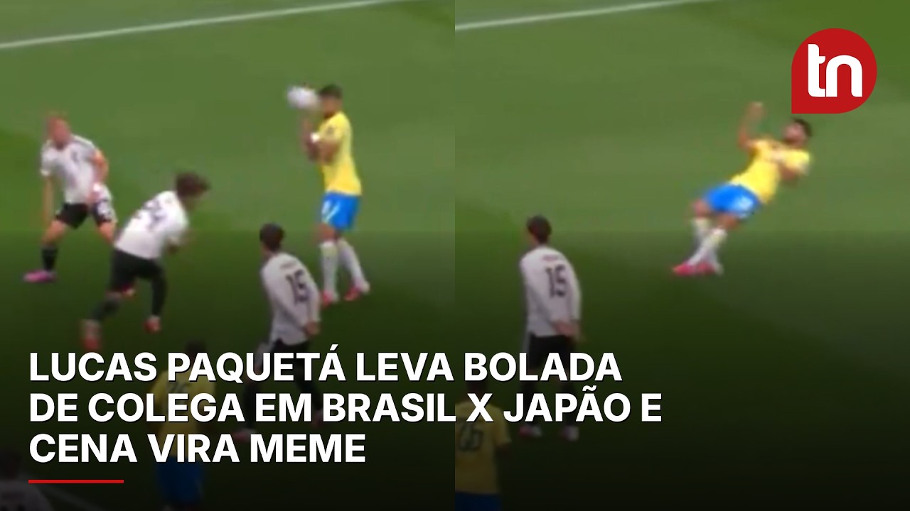 Lucas Paquetá leva bolada de colega em Brasil x Japão e cena vira meme