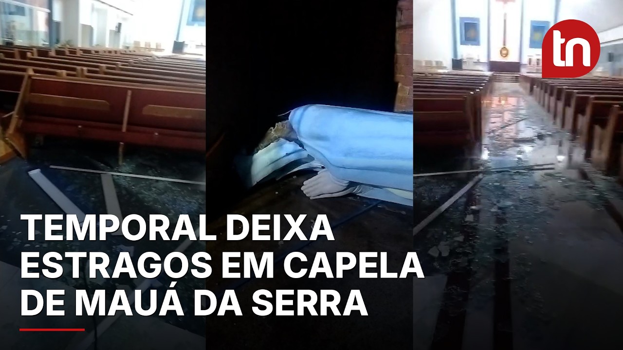 Temporal derruba imagem de santa e causa estragos em capela de Mauá da Serra