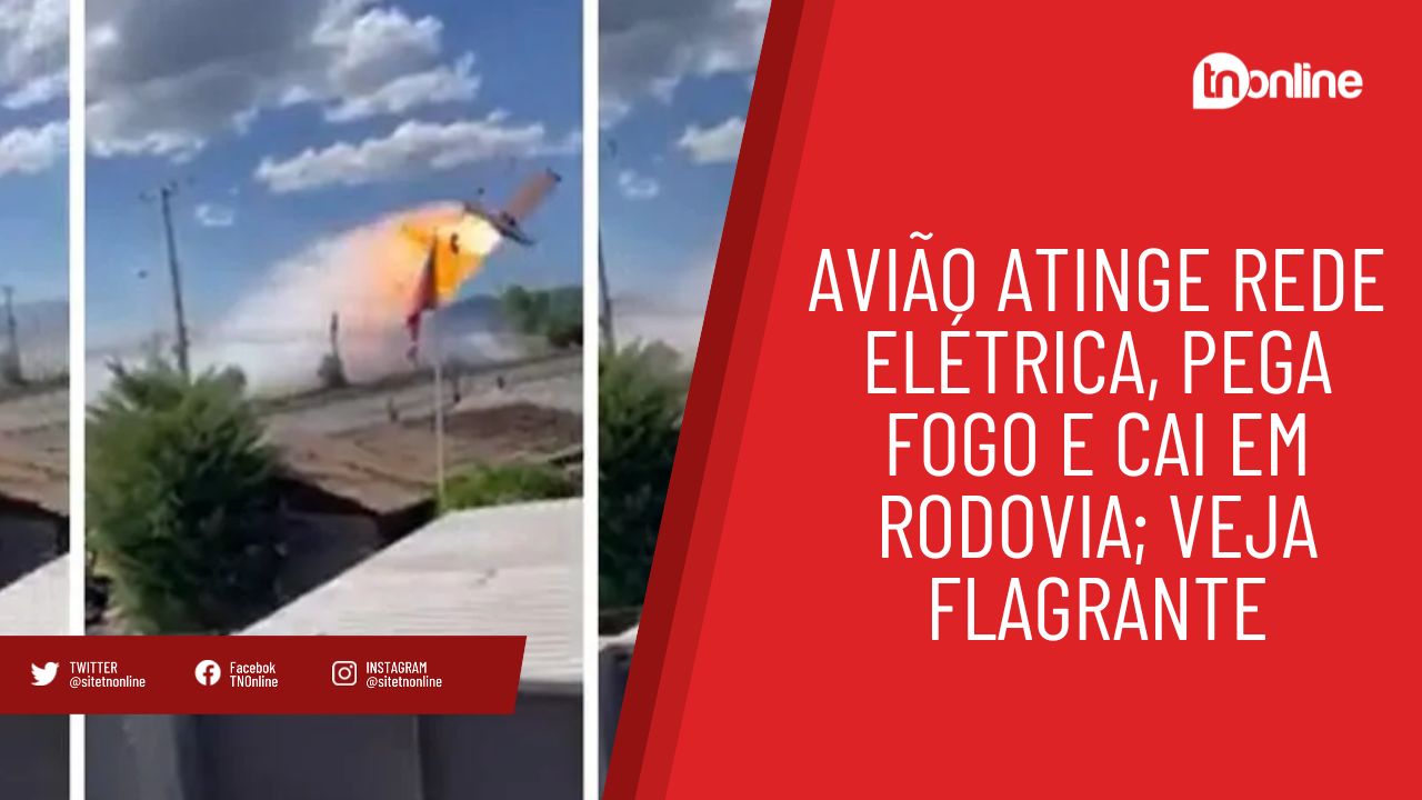 Avião atinge rede elétrica, pega fogo e cai em rodovia; veja flagrante