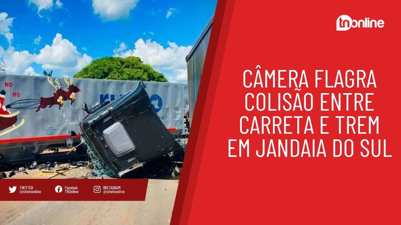 Câmera flagra batida entre carreta e trem em Jandaia do Sul