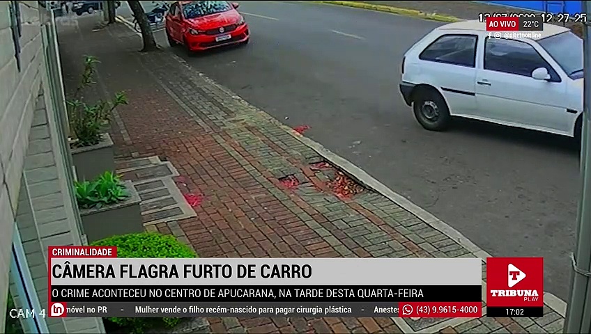 Câmera flagra furto de carro no centro de Apucarana; assista