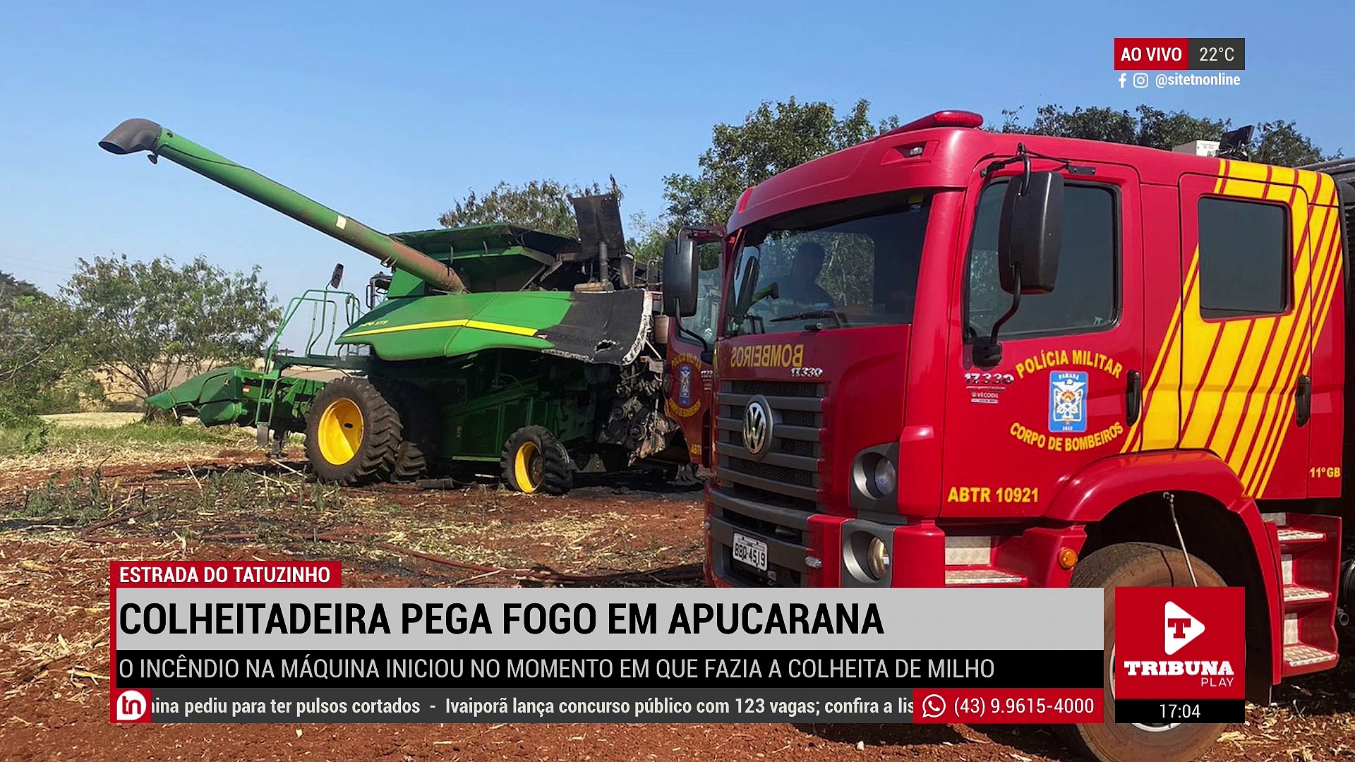 Colheitadeira pega fogo na área rural de Apucarana